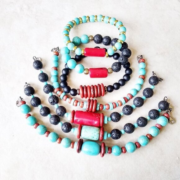 Sexy Stretch Bracelet: Red Coral + Turquoise Howlite + Black Lava Rock Beads - Picture 7 of 7